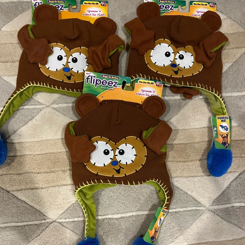 Flipeez Monkey Brown and Blue Kids Hat x 3 lot